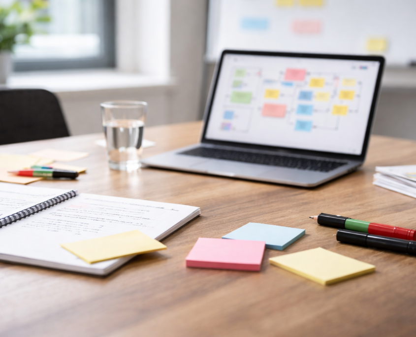 Schreibtisch mit Arbeitsmaterialien